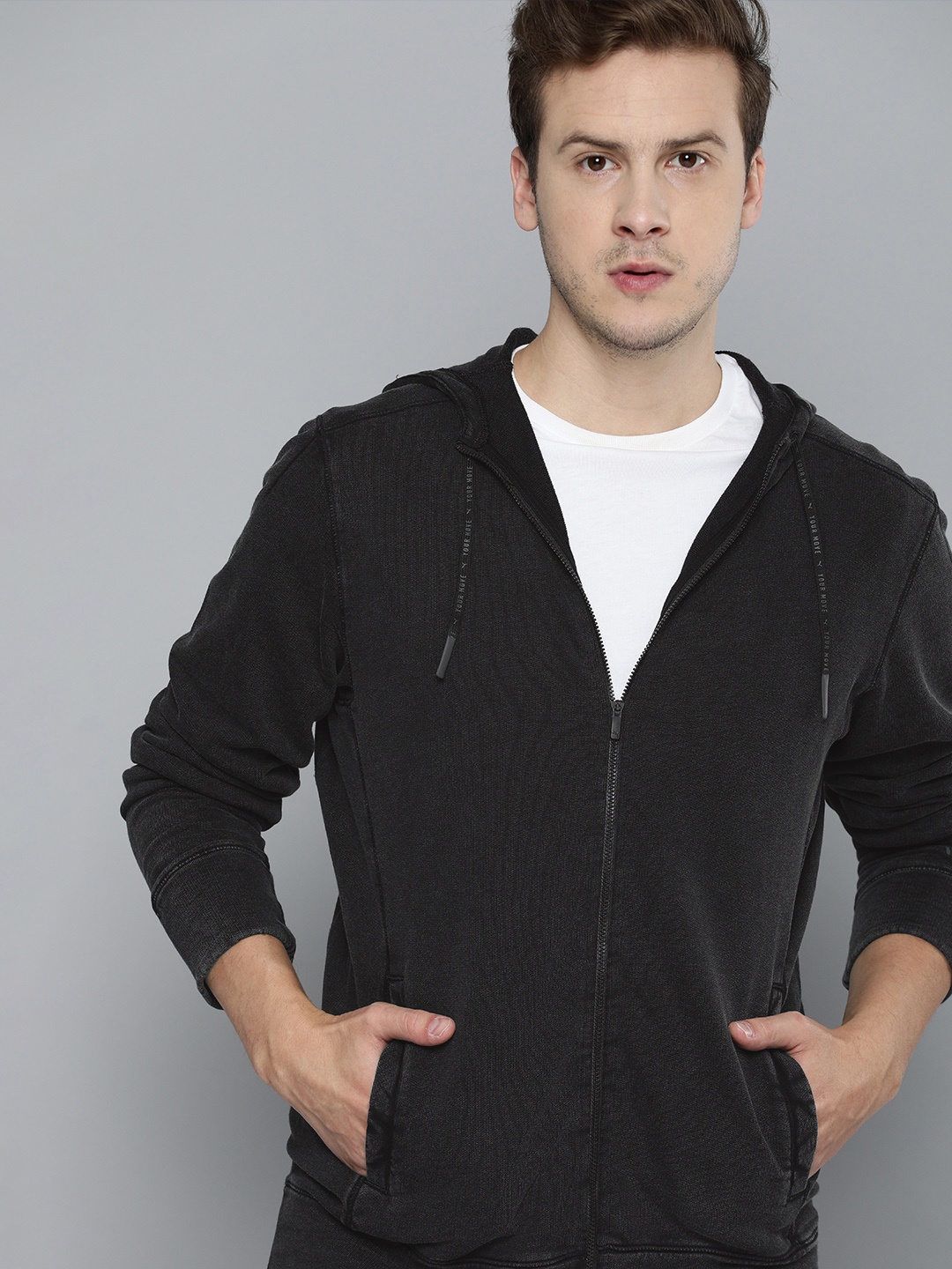 

Puma Men Charcoal Solid Open-Front Performance Wash Yoga Track Jacket