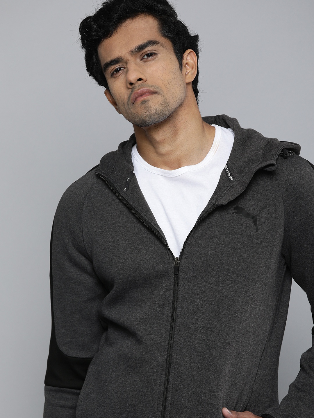 

Puma Men Grey Solid Evostripe Core Full-Zip Slim Hooded Sporty Track Jacket