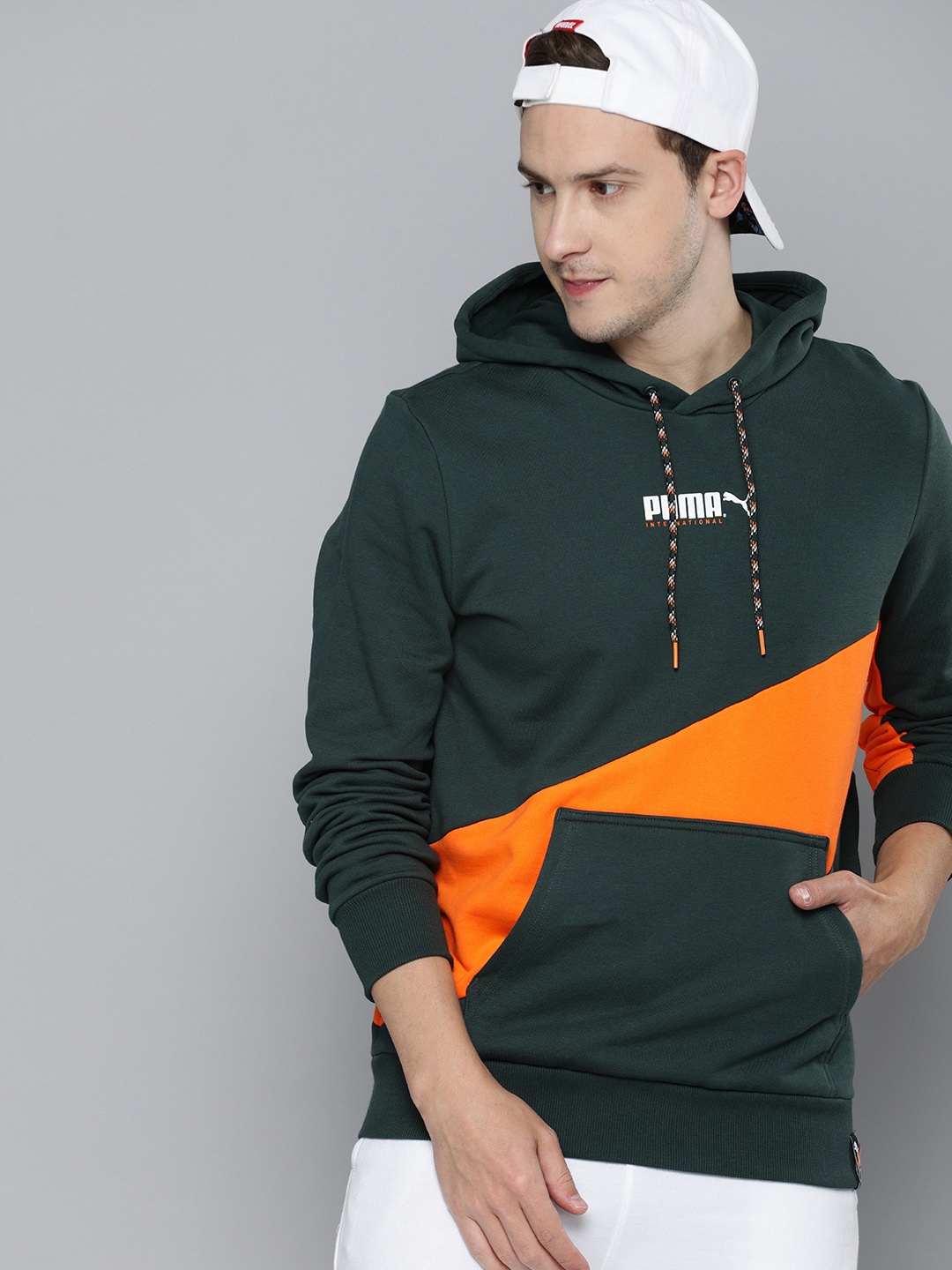 

Puma Men Green & Orange Colourblocked Hooded Sweatshirt