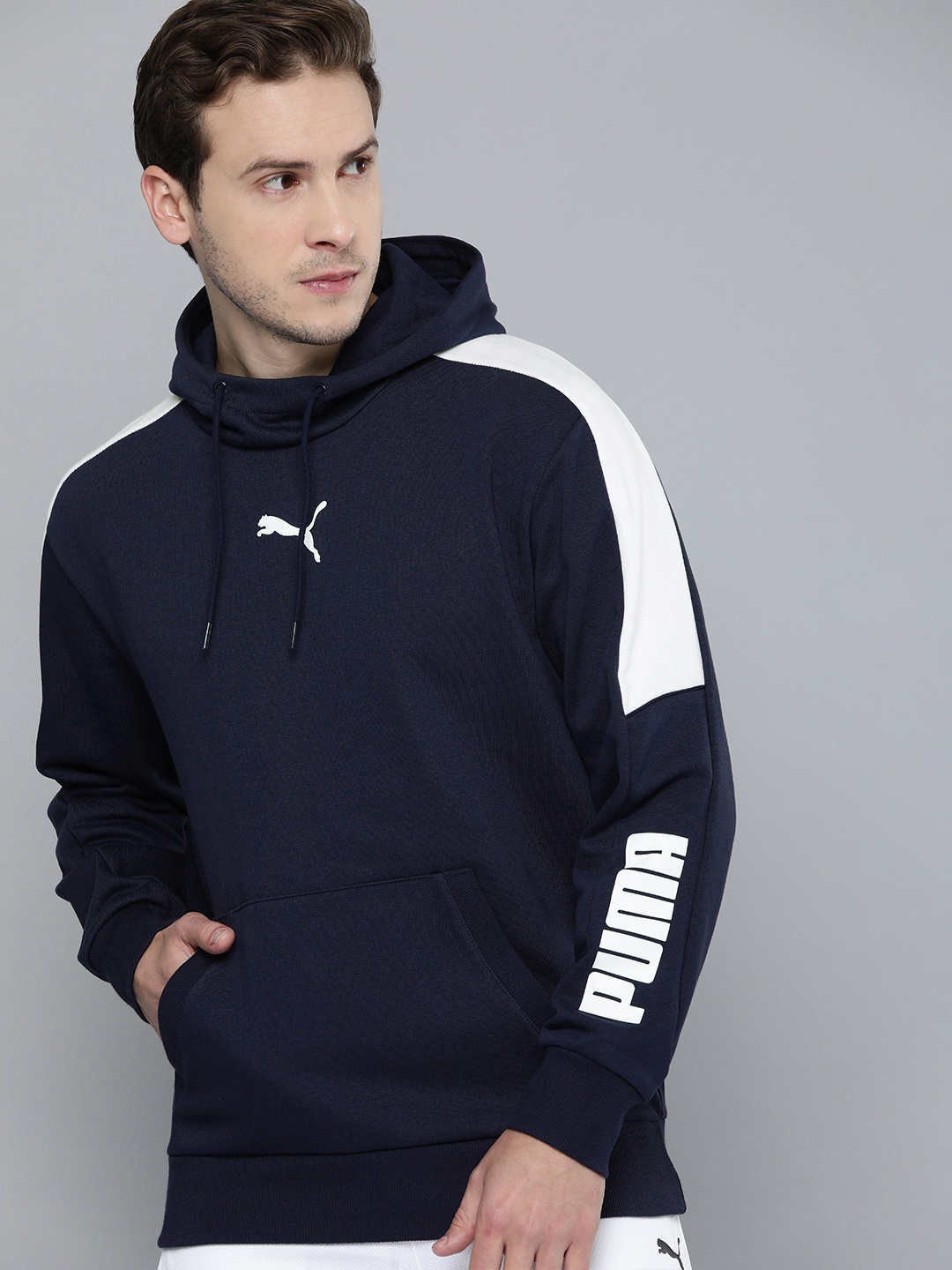 

Puma Men Navy Blue Colourblocked Hooded Sweatshirt