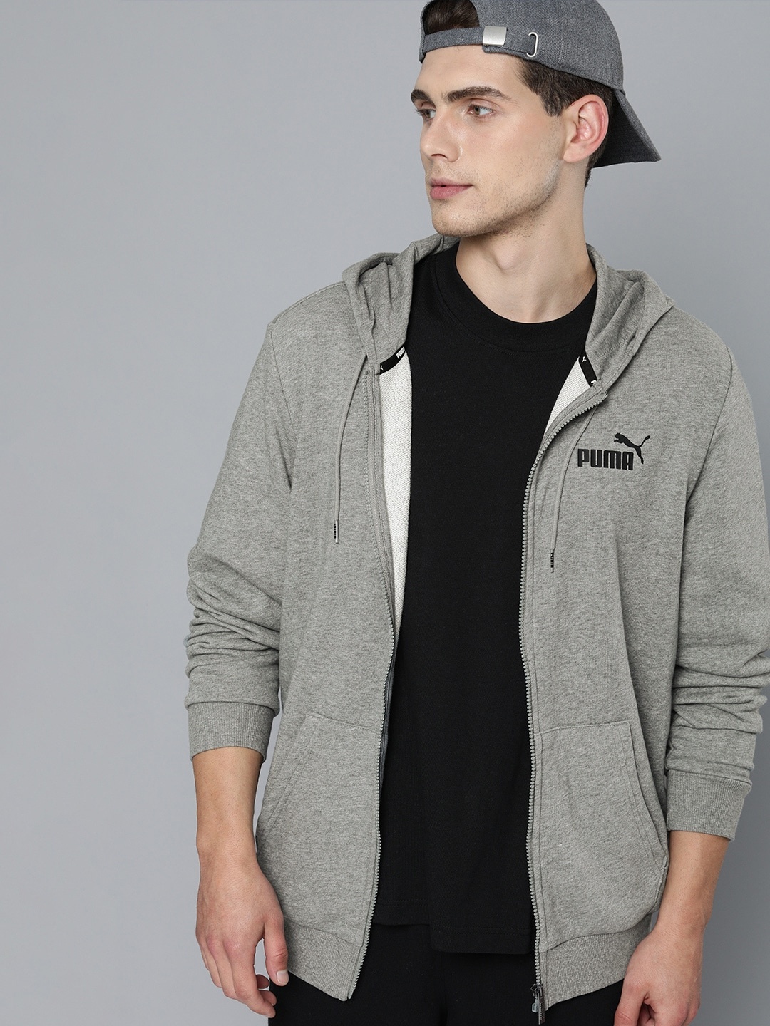 

Puma Men Grey Logo Printed Front-Open Hooded Sustainable Sweatshirt