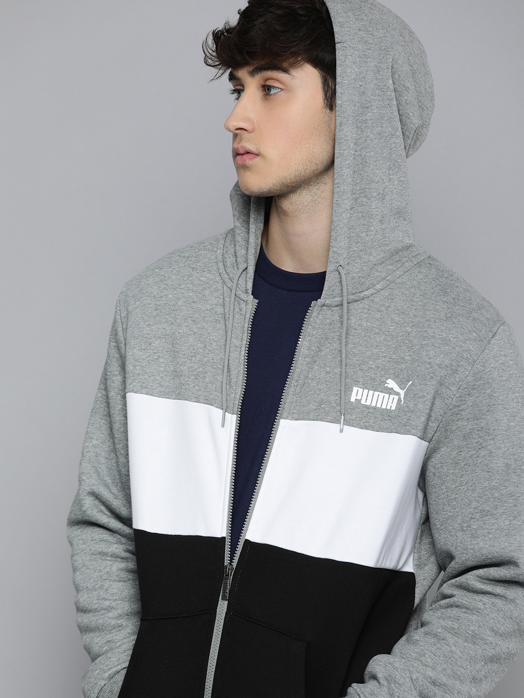 

Puma Men Black & White Colourblocked Essentials+ Full-Zip Hooded Sporty Track Jacket