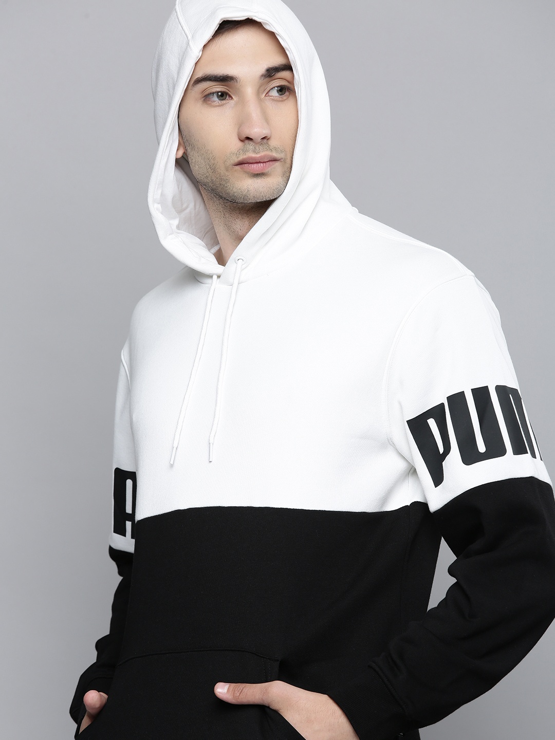 

PUMA POWER Men White & Black Colourblocked Loose Hoodie Sweatshirt
