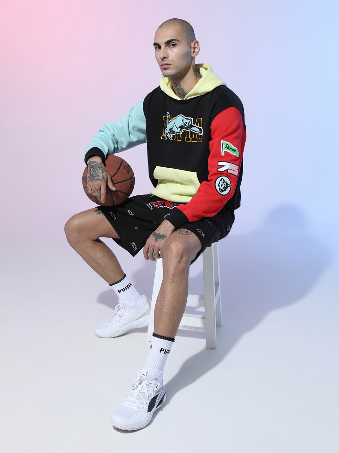 

PUMA Hoops Men Black & Yellow Brand Logo Printed Combine Hooded Sweatshirt