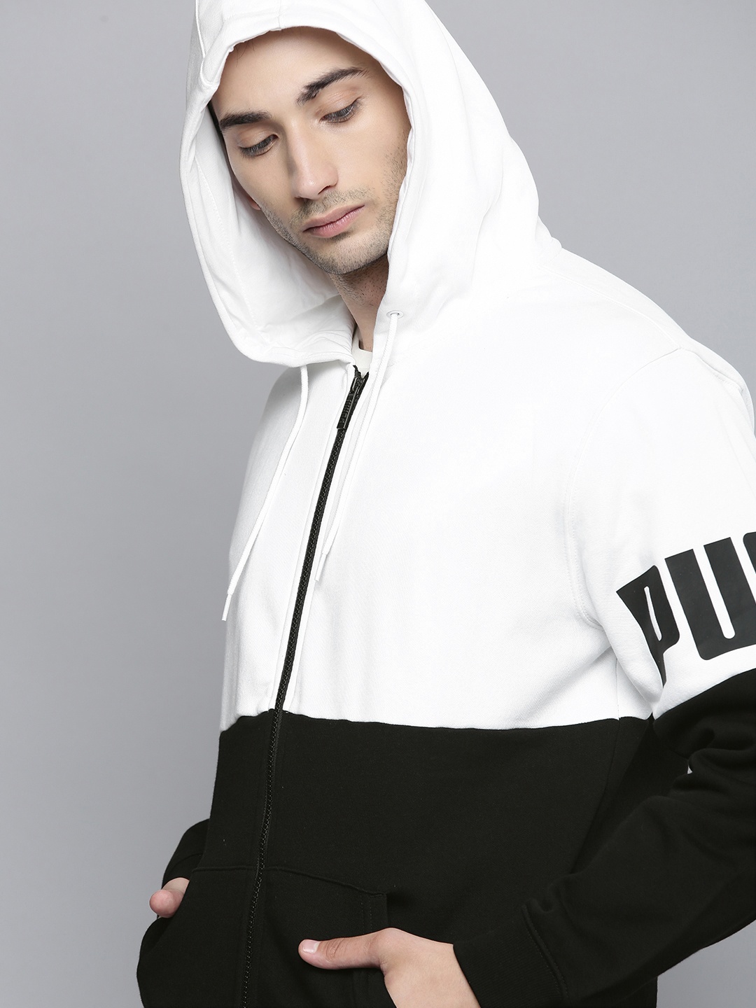 

Puma Men White & Black Colourblocked PUMA POWER Hooded Sporty Track Jacket