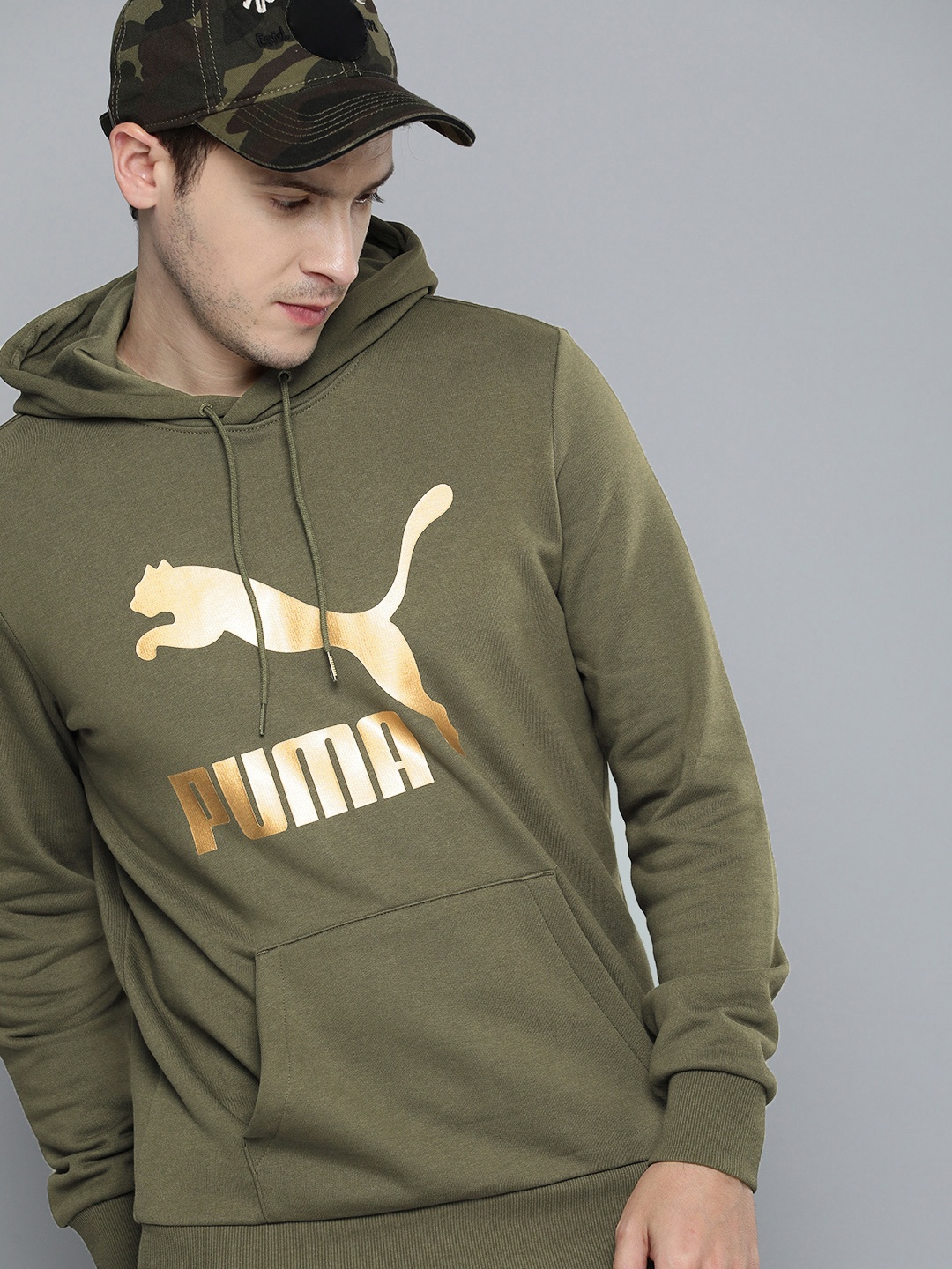 

Puma Men Olive Green Printed Classics Logo Cotton Hooded Sweatshirt