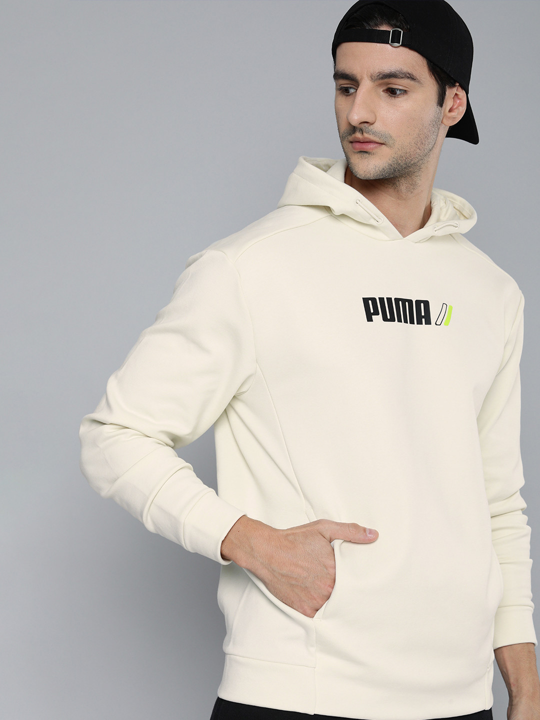 

Puma Men Cream-Coloured Logo Printed RAD/CAL Winterized Hooded Pullover Sweatshirt