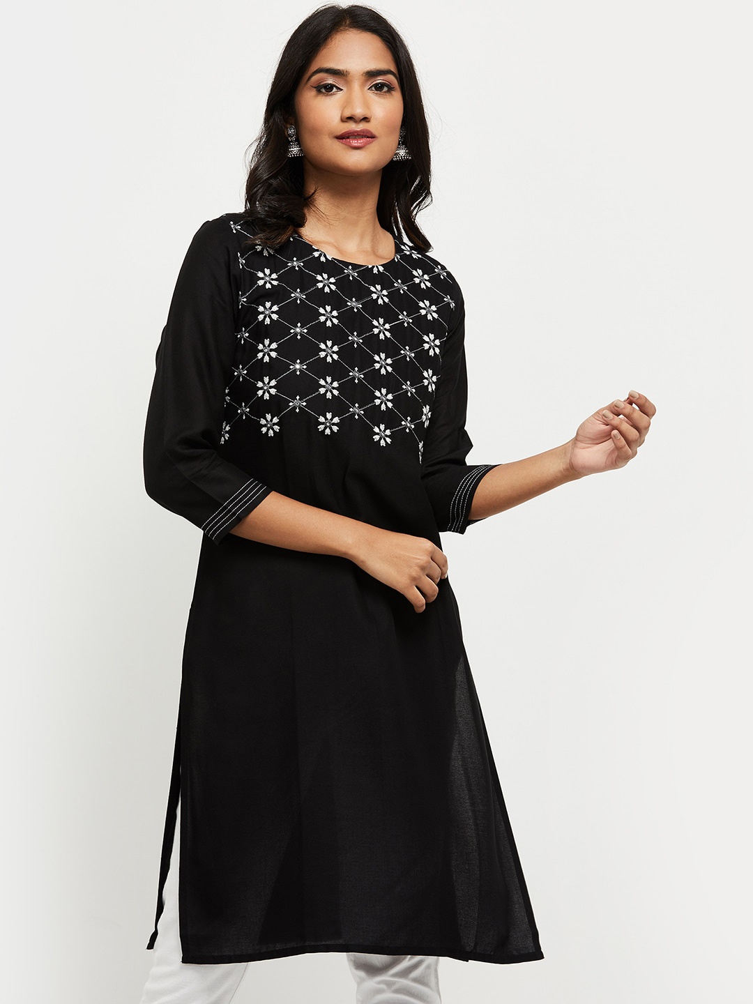 

max Women Black Ethnic Motifs Yoke Design Mirror Work Kurta