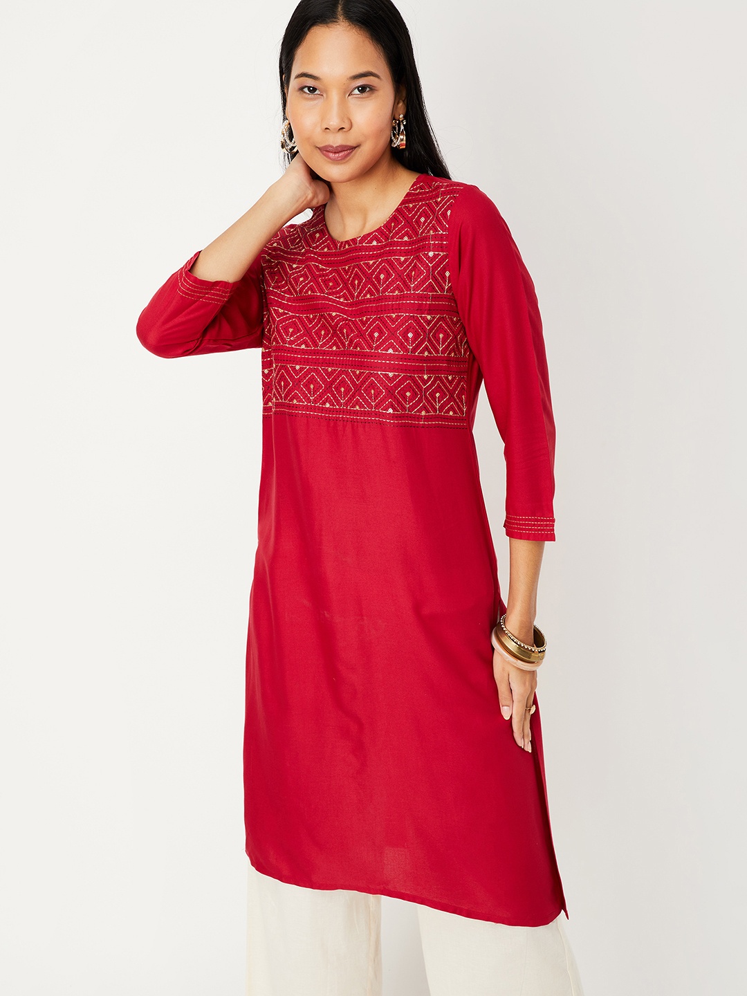 

max Women Red Ethnic Motifs Yoke Design Kurta