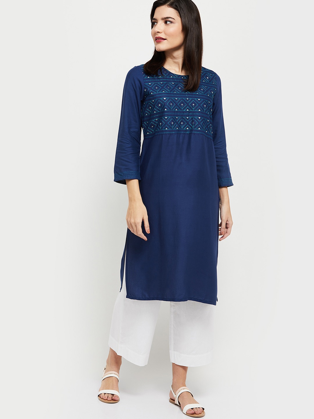 

max Women Blue Ethnic Motifs Yoke Design Kurta