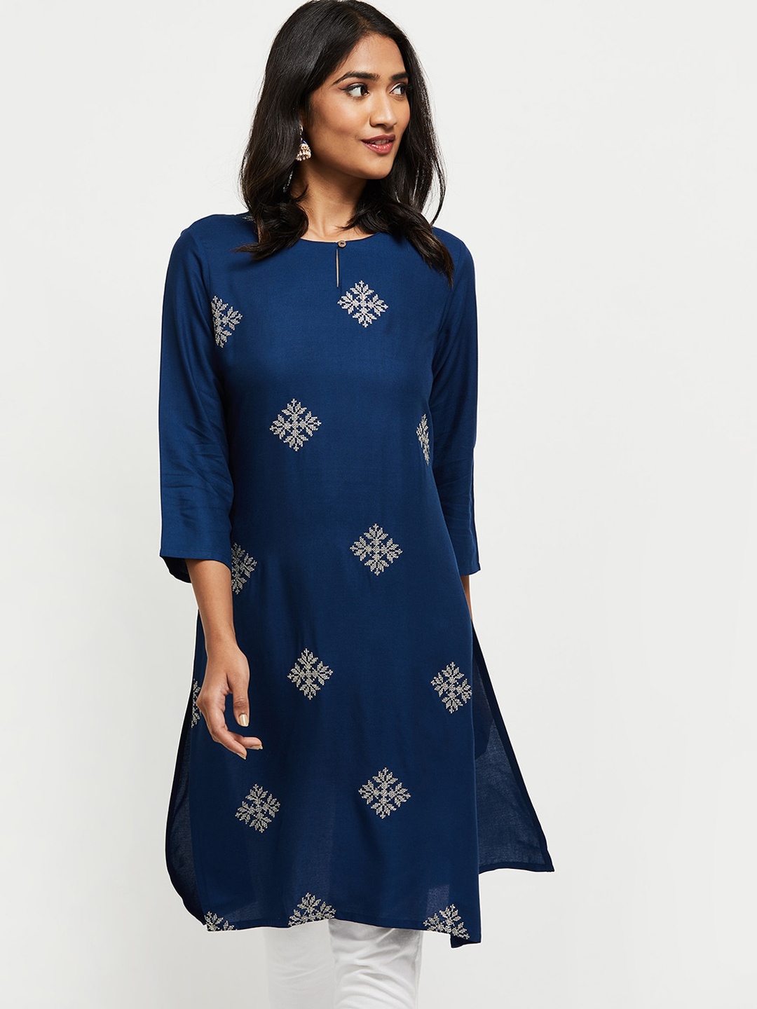 

max Women Navy Blue Ethnic Motifs Printed Thread Work Kurta