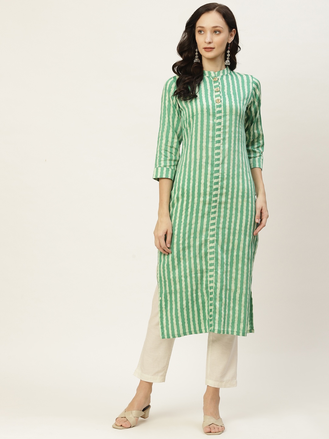 

Saanjh Women Green & White Striped Straight Kurta
