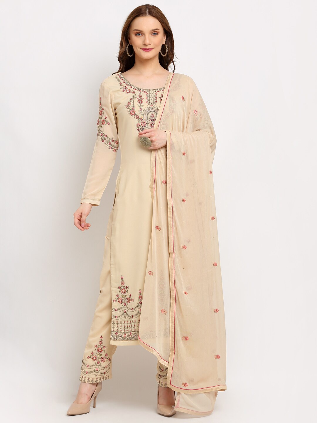 

Stylee LIFESTYLE Cream-Coloured Embroidered Unstitched Dress Material