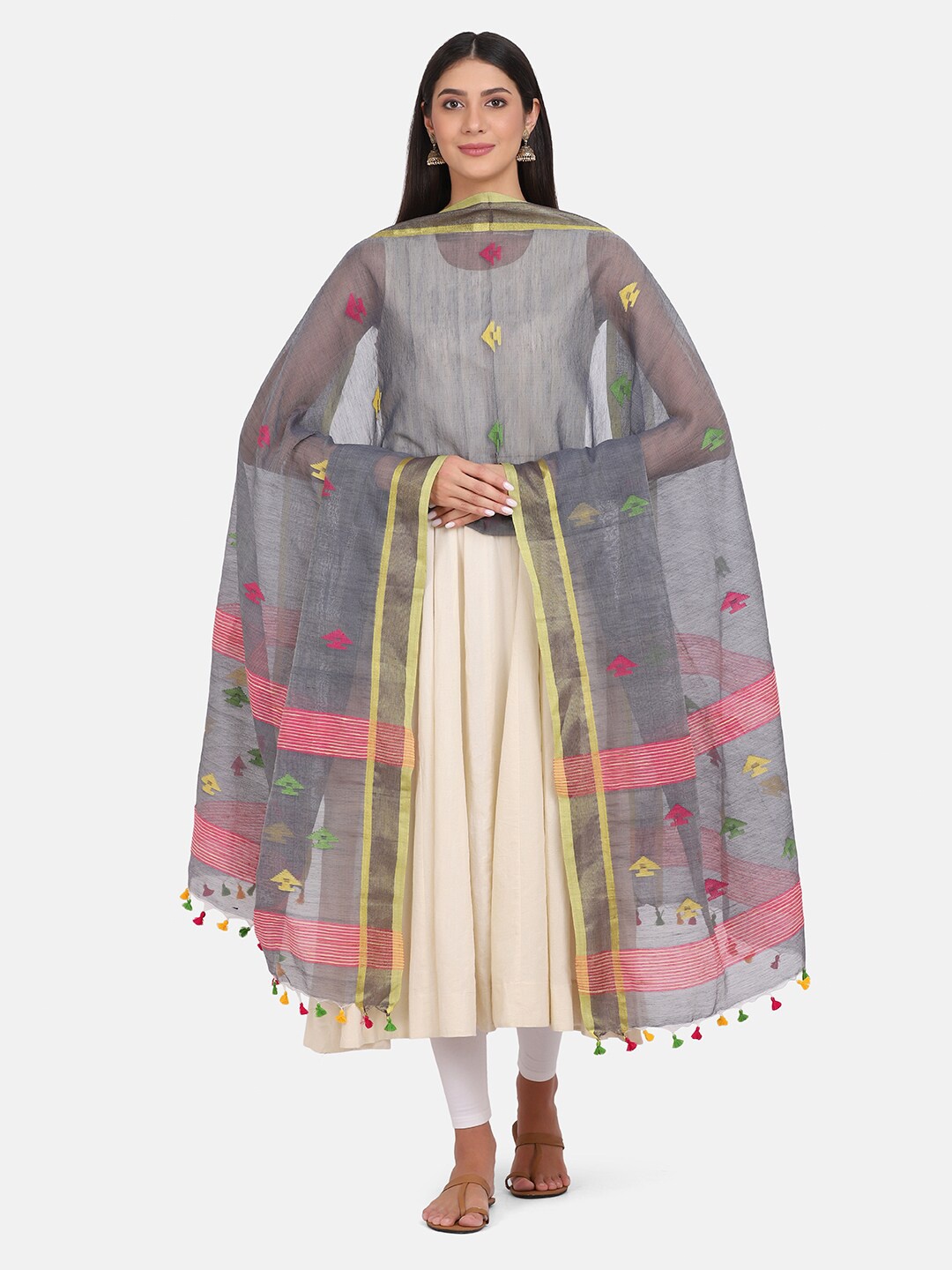 

THE WEAVE TRAVELLER Grey & Yellow Ethnic Motifs Woven Design Dupatta