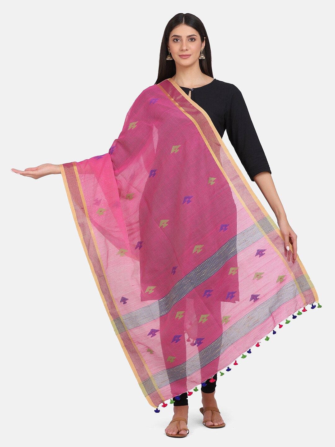 

THE WEAVE TRAVELLER Pink & Gold-Toned Ethnic Motifs Woven Design Dupatta with Zari