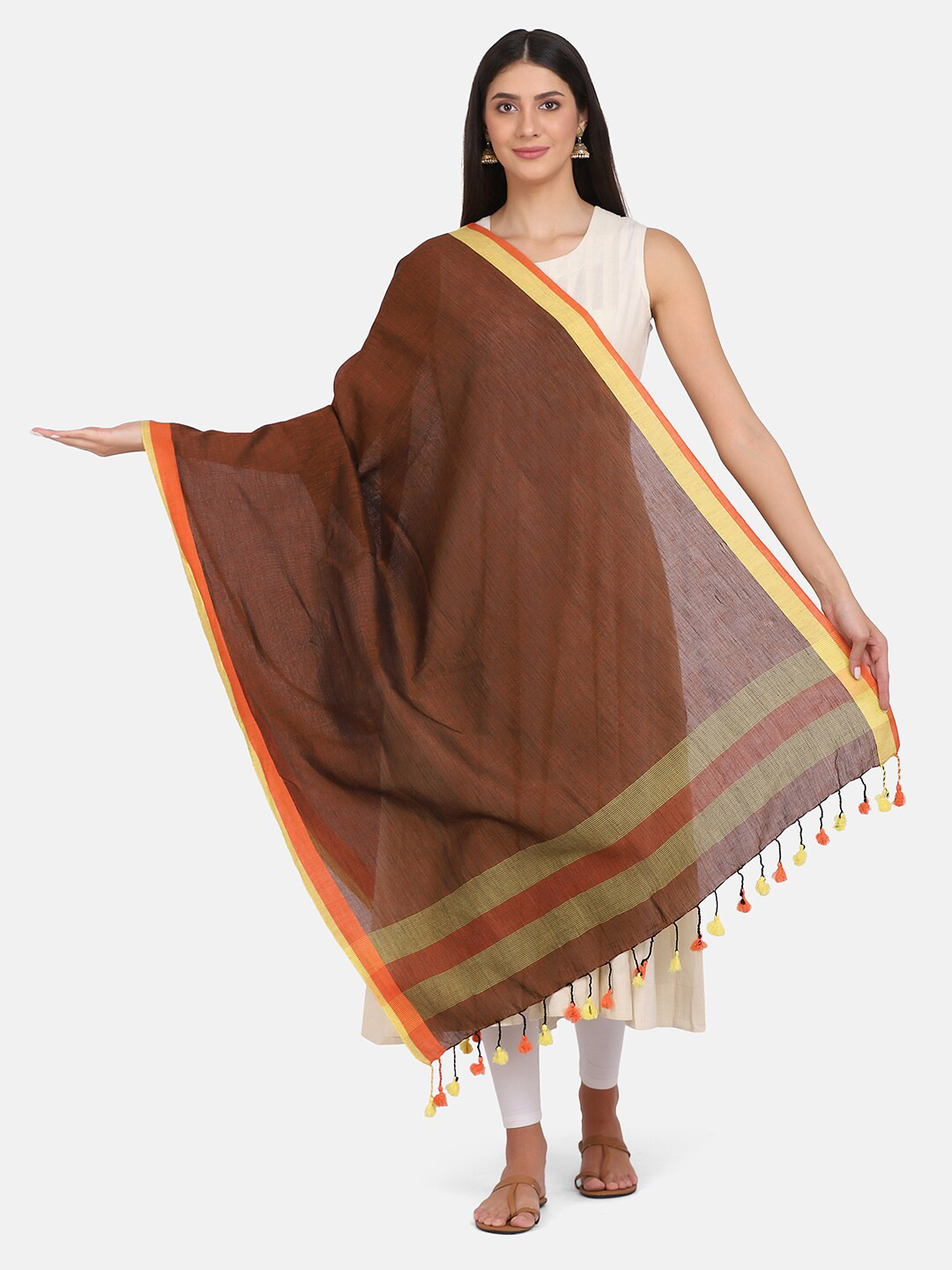 

THE WEAVE TRAVELLER Brown & Orange Dupatta With Pom Pom Edgings