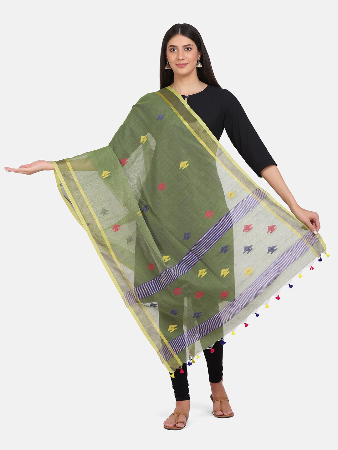 

THE WEAVE TRAVELLER Green & Yellow Ethnic Motifs Woven Design Dupatta with Zari