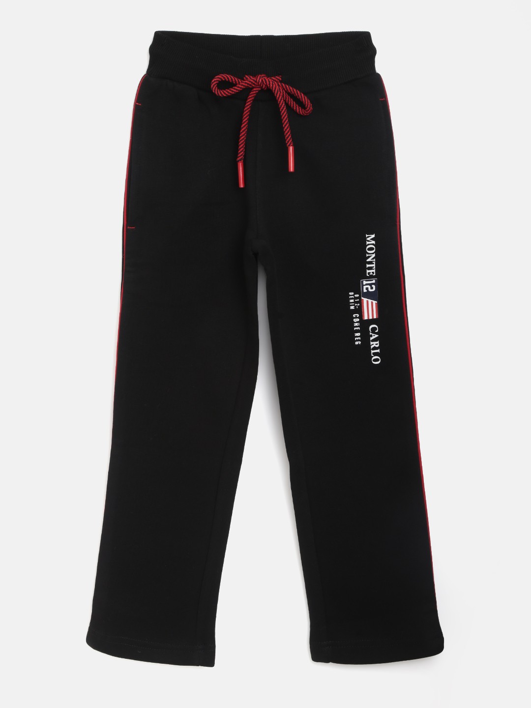 

Monte Carlo Boys Black Solid Track Pants with Printed Detail