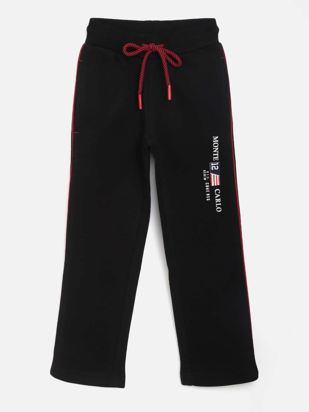 

Monte Carlo Boys Black Solid Track Pants with Printed Detail