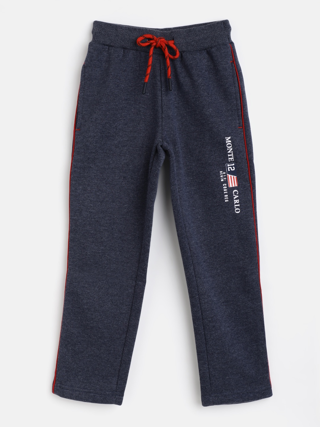 

Monte Carlo Boys Navy Blue Solid Track Pants with Printed Detail