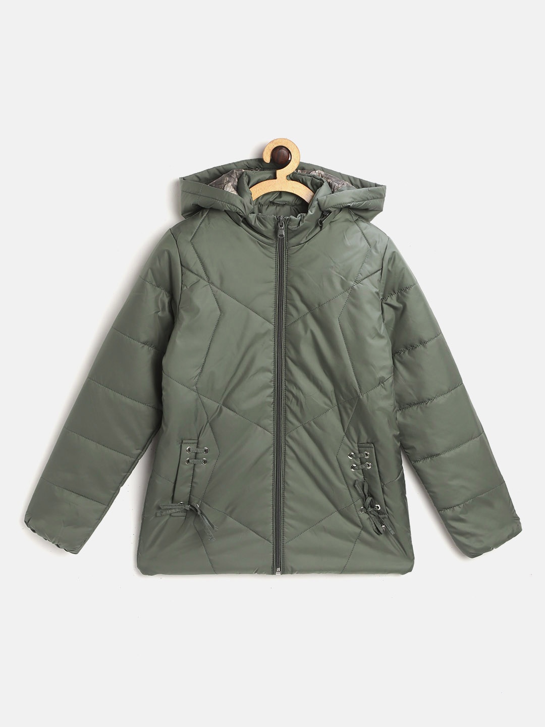 

Monte Carlo Girls Olive Green Solid Quilted Jacket with Detachable Hood