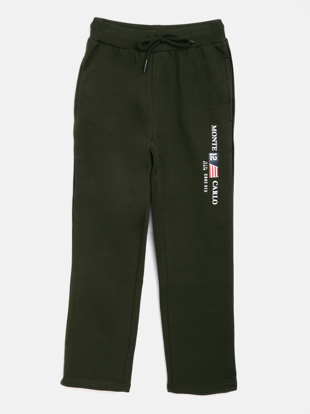 

Monte Carlo Boys Olive Green Solid Track Pants with Printed Detail