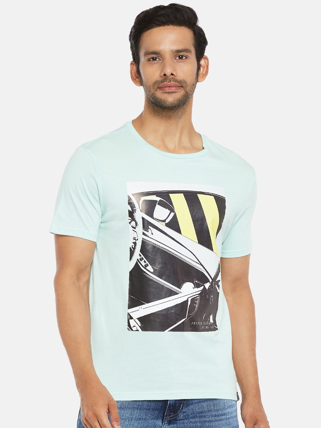 

People Men Turquoise Blue Printed Cotton T-shirt