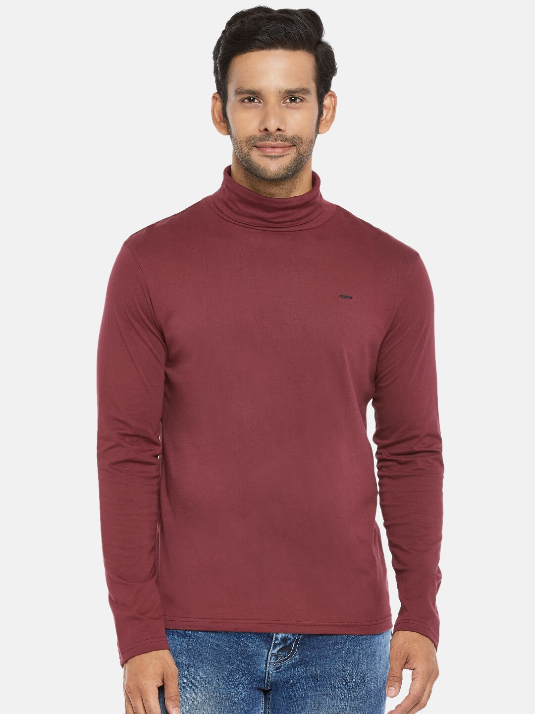 

People Men Maroon High Neck Cotton T-shirt
