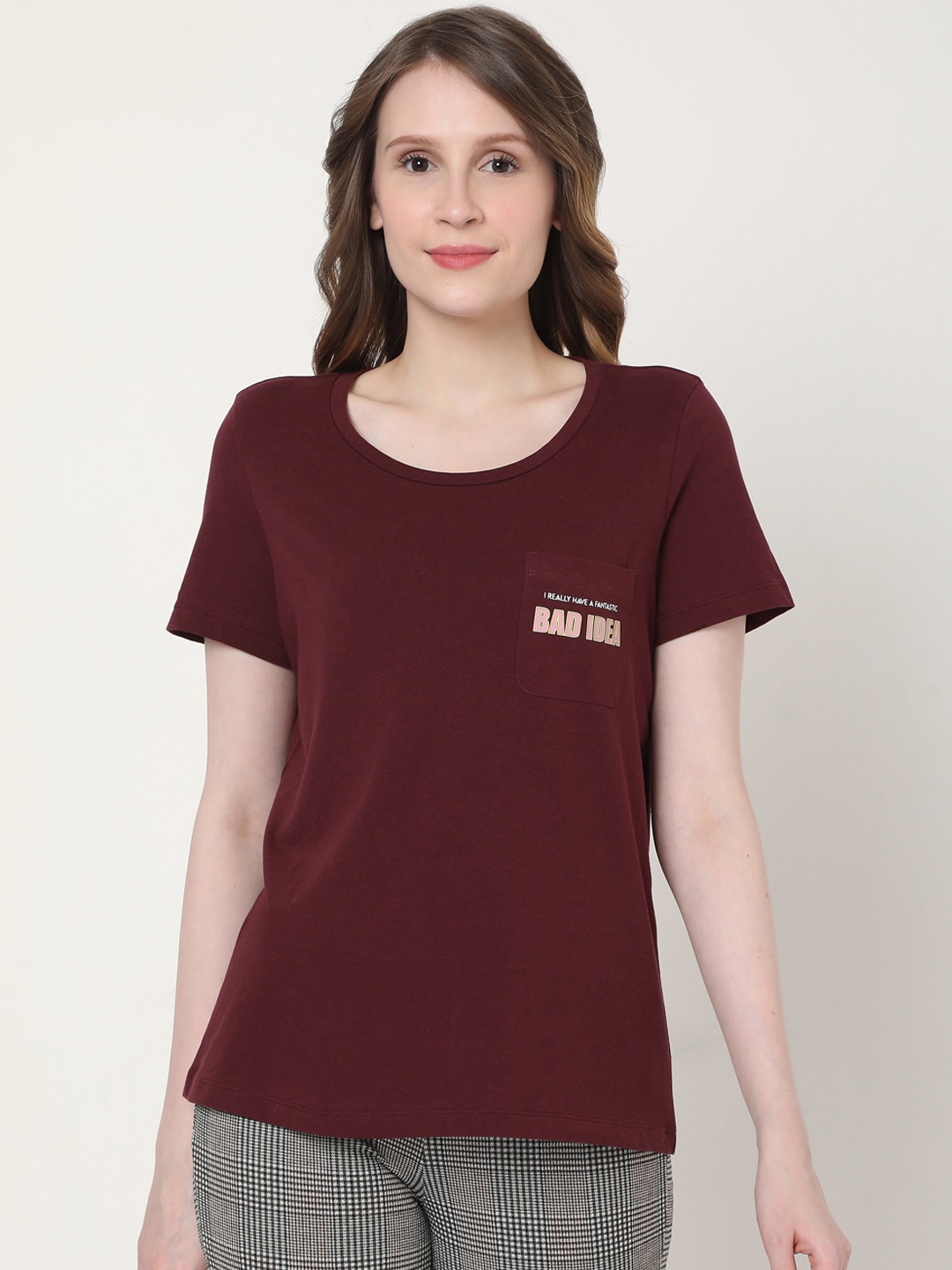 

Vero Moda Women Maroon Typography Printed Pure Cotton T-shirt