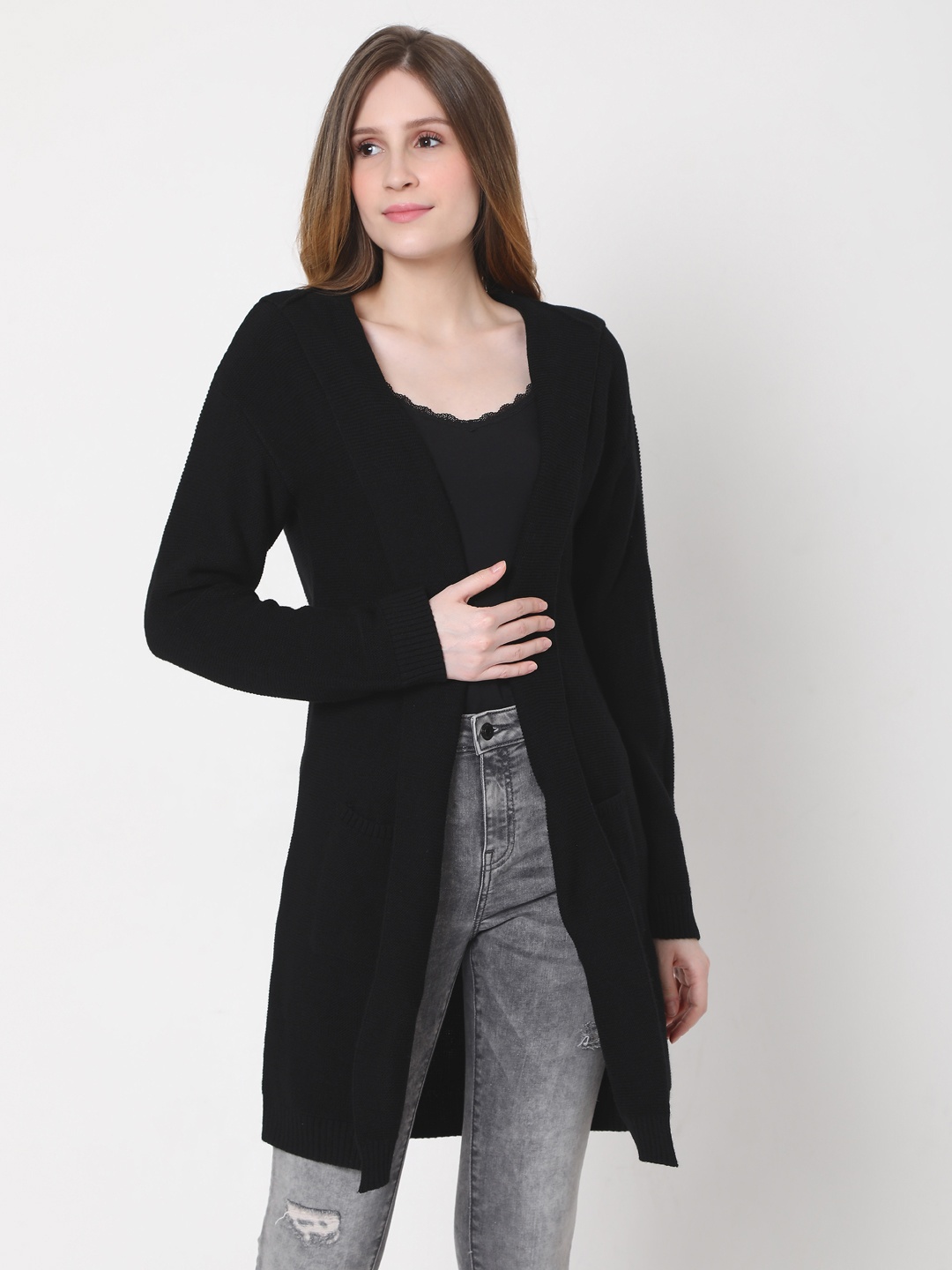 

Vero Moda Women Black Longline Hooded Front-Open Sweater