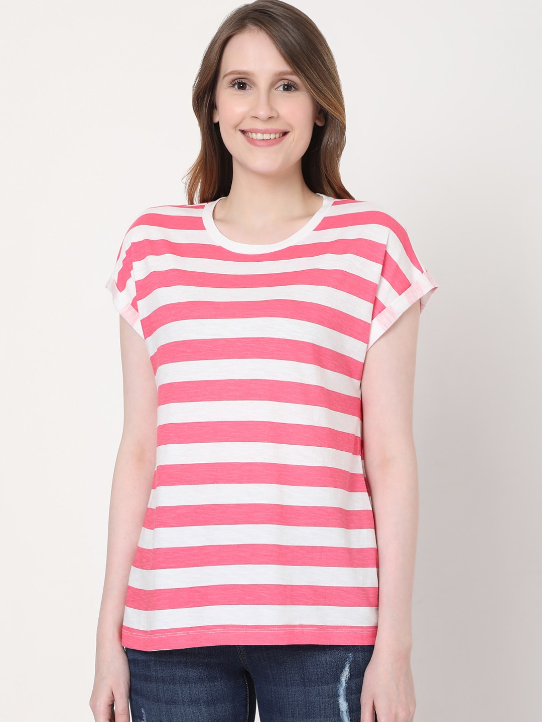 

Vero Moda Women Pink White Striped Extended Sleeves Pure Cotton T-shirt