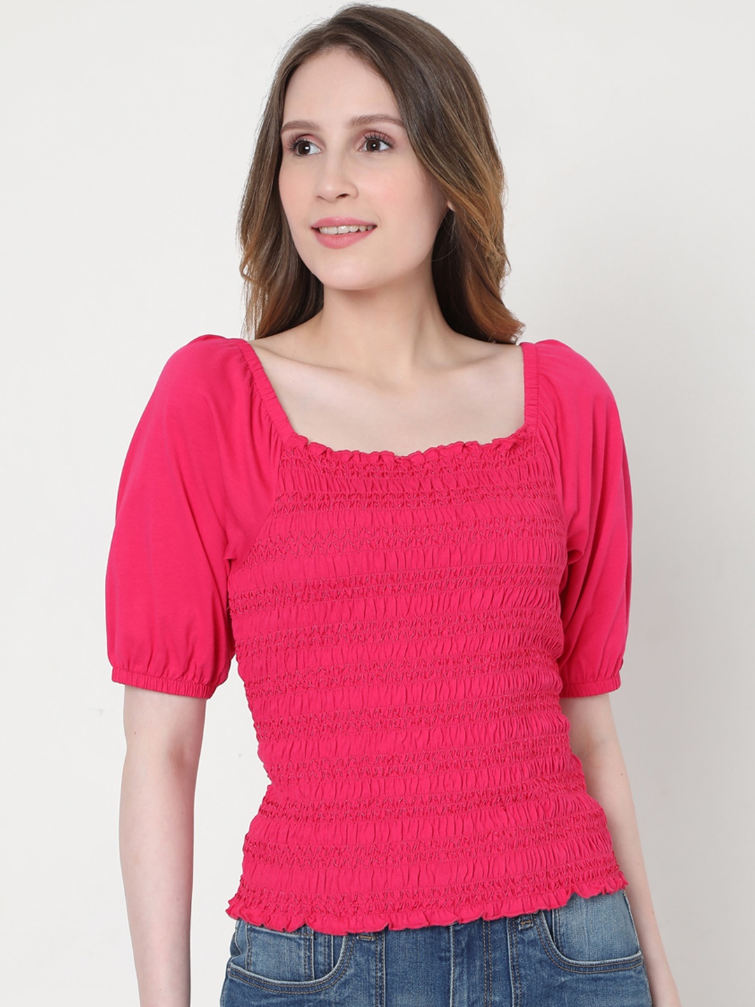 

Vero Moda Fuchsia Embroidered Smocked Fitted Top