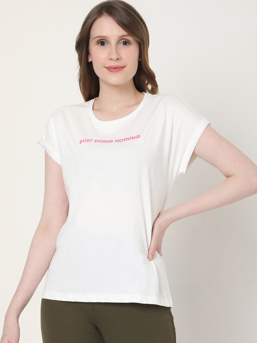 

Vero Moda Women White Typography Printed Extended Sleeves Pure Cotton T-shirt