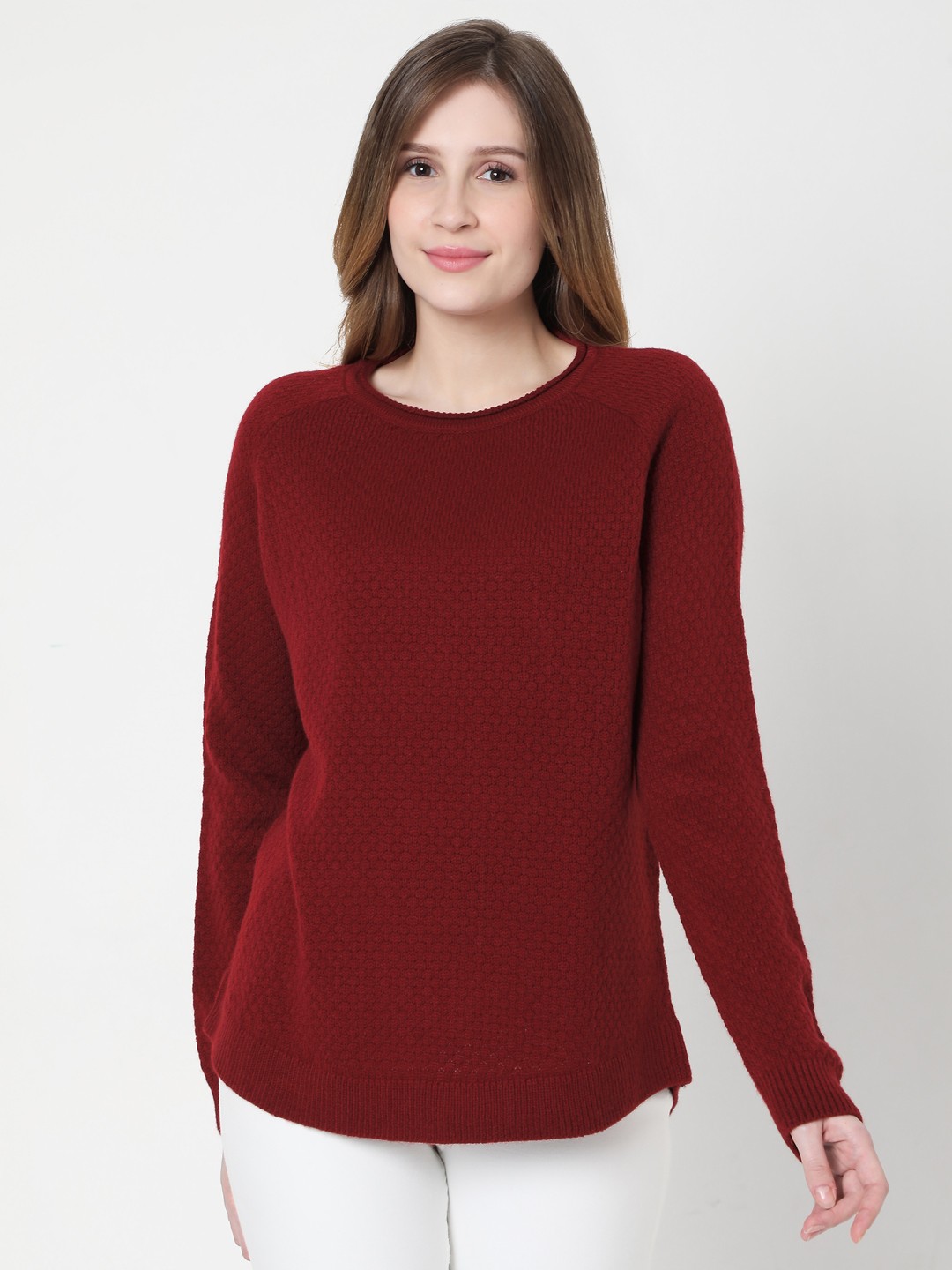 

Vero Moda Women Maroon Self Design Pullover Sweater
