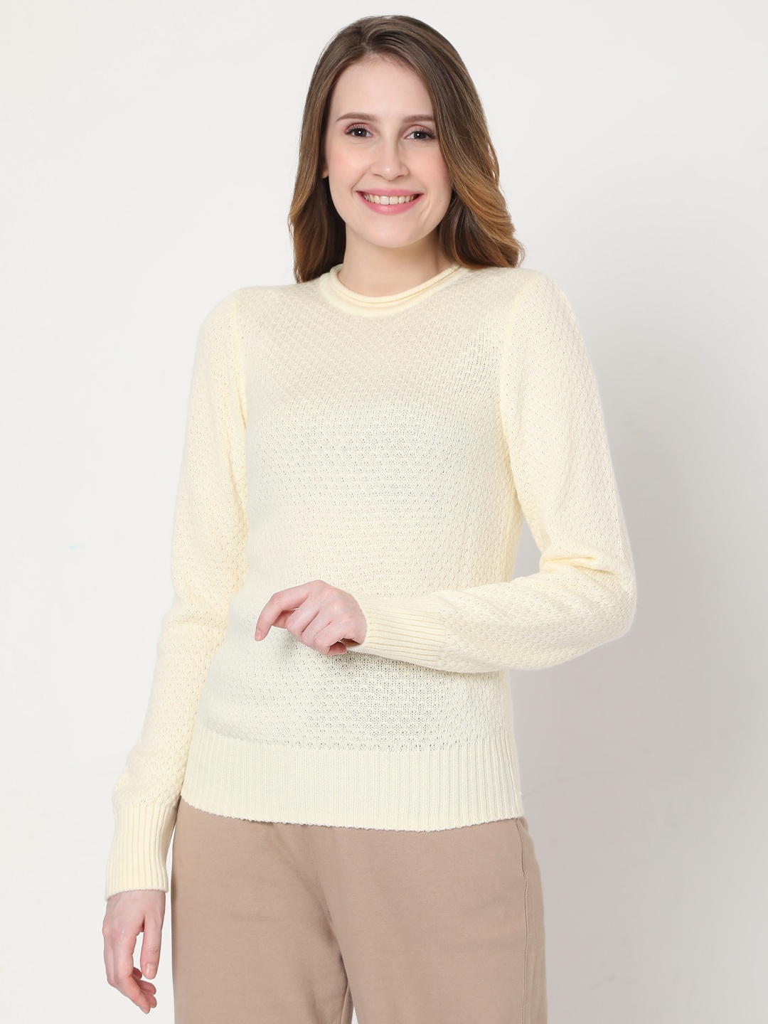

Vero Moda Women Cream-Coloured Self Design Knit Pullover