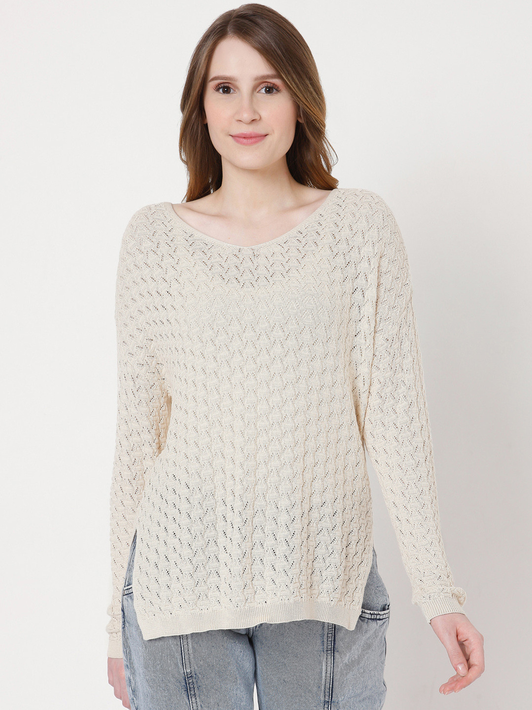 

Vero Moda Women Beige Self Design Pullover Sweater