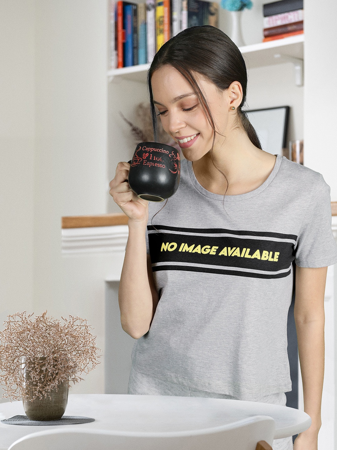 

Vero Moda Women Grey Melange Typography Printed Pure Cotton T-shirt