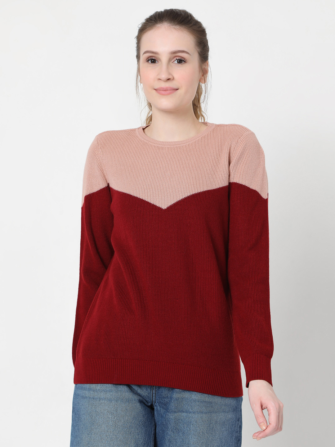 

Vero Moda Women Pink & Maroon Colourblocked Acrylic Pullover