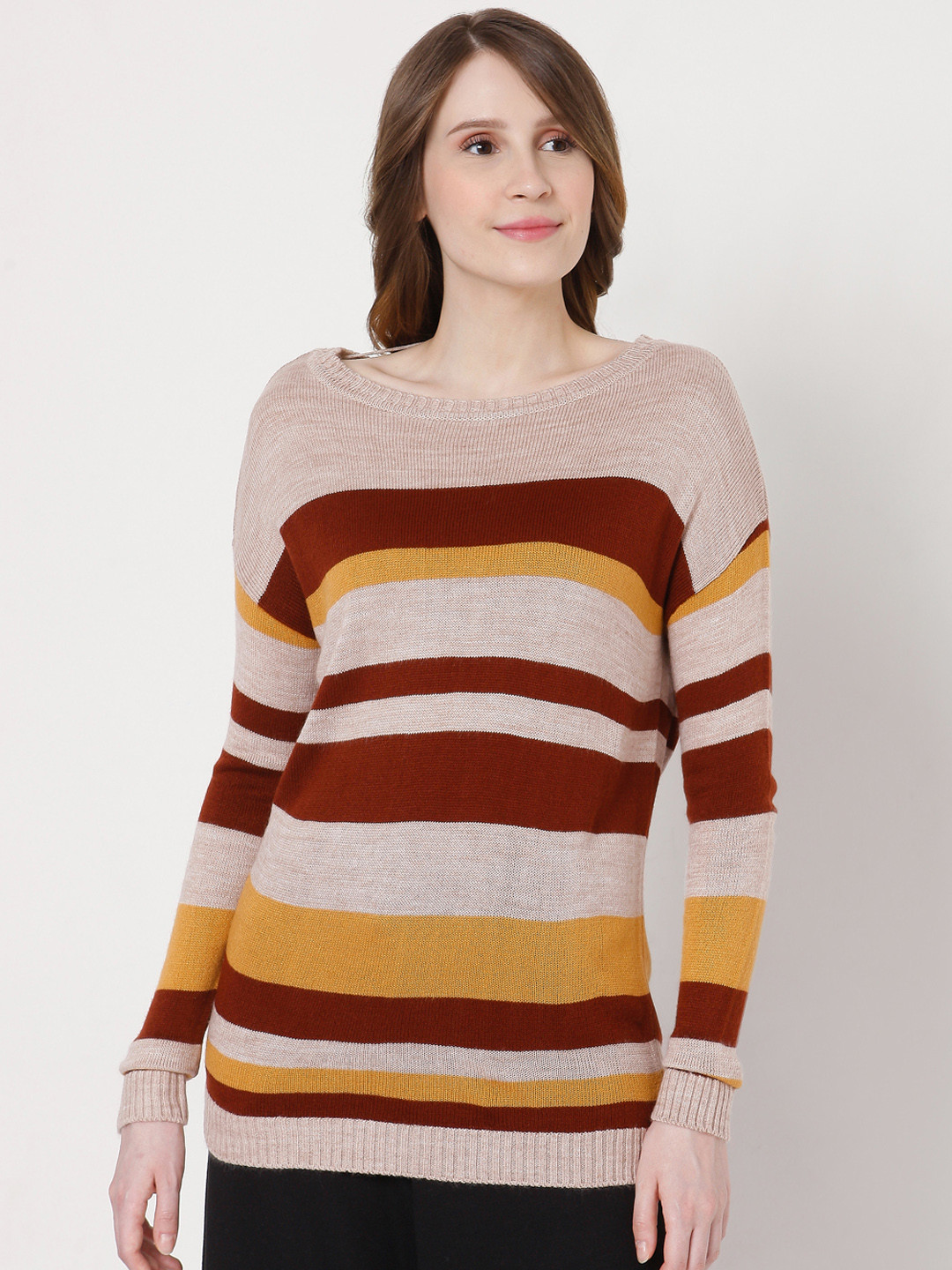 

Vero Moda Women Beige & Maroon Striped Knitted Drop-Shoulder Pullover