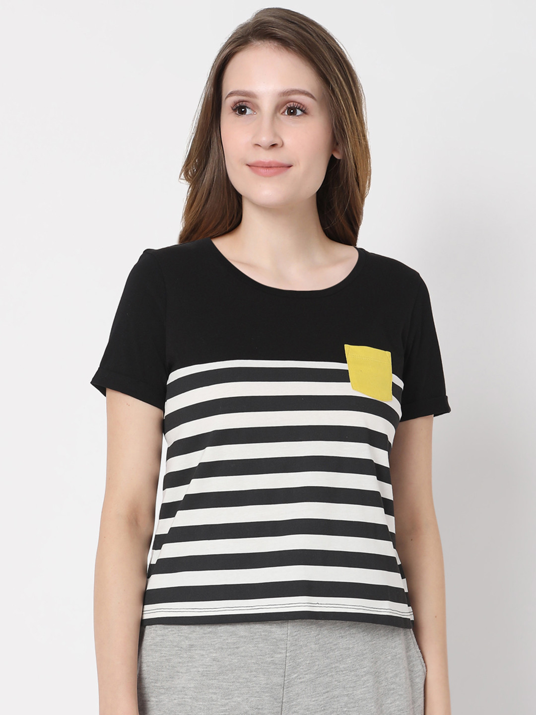 

Vero Moda Women Black White Striped Pocket Detail Pure Cotton T-shirt