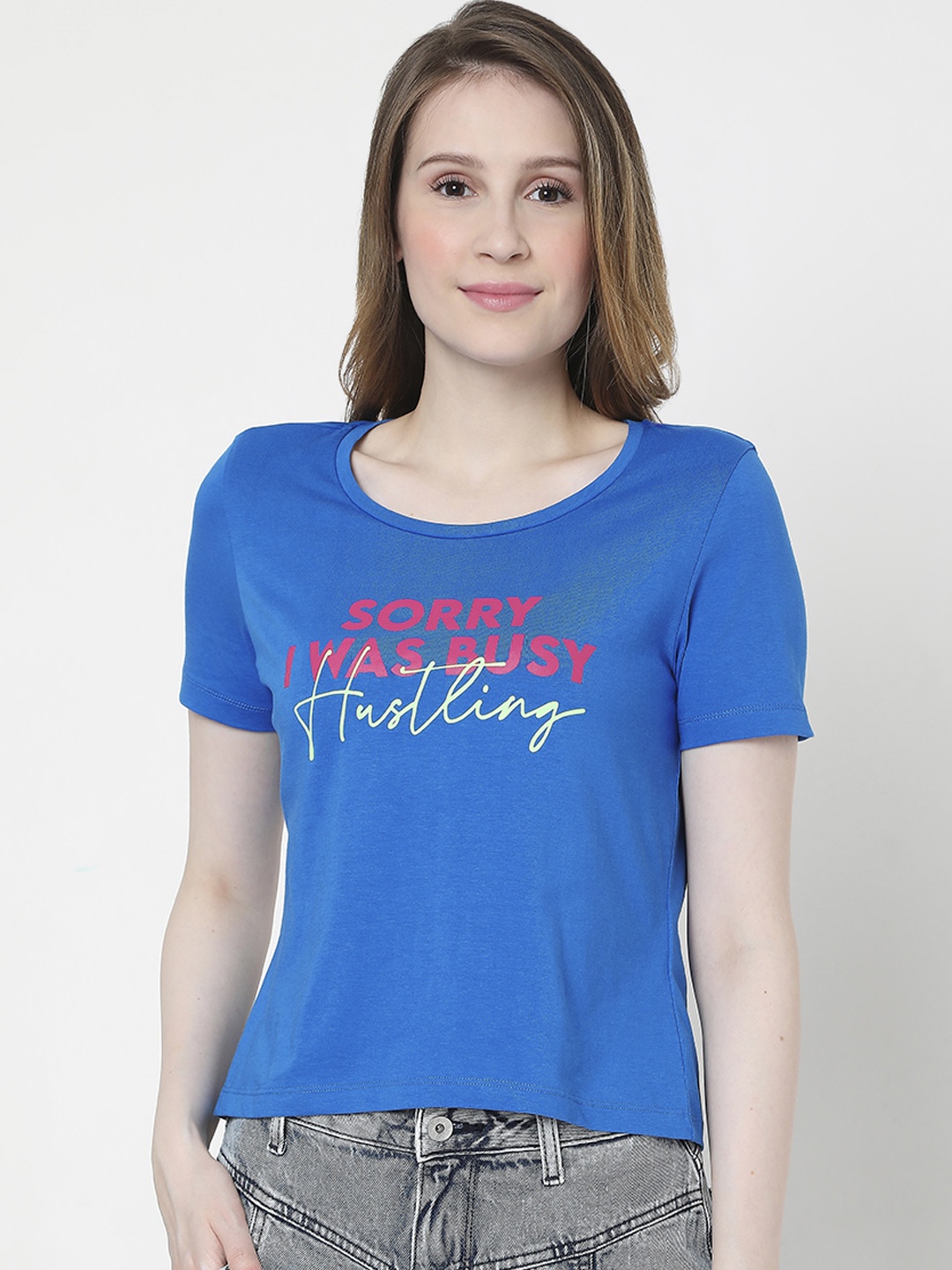 

Vero Moda Women Blue & Pink Printed T-shirt