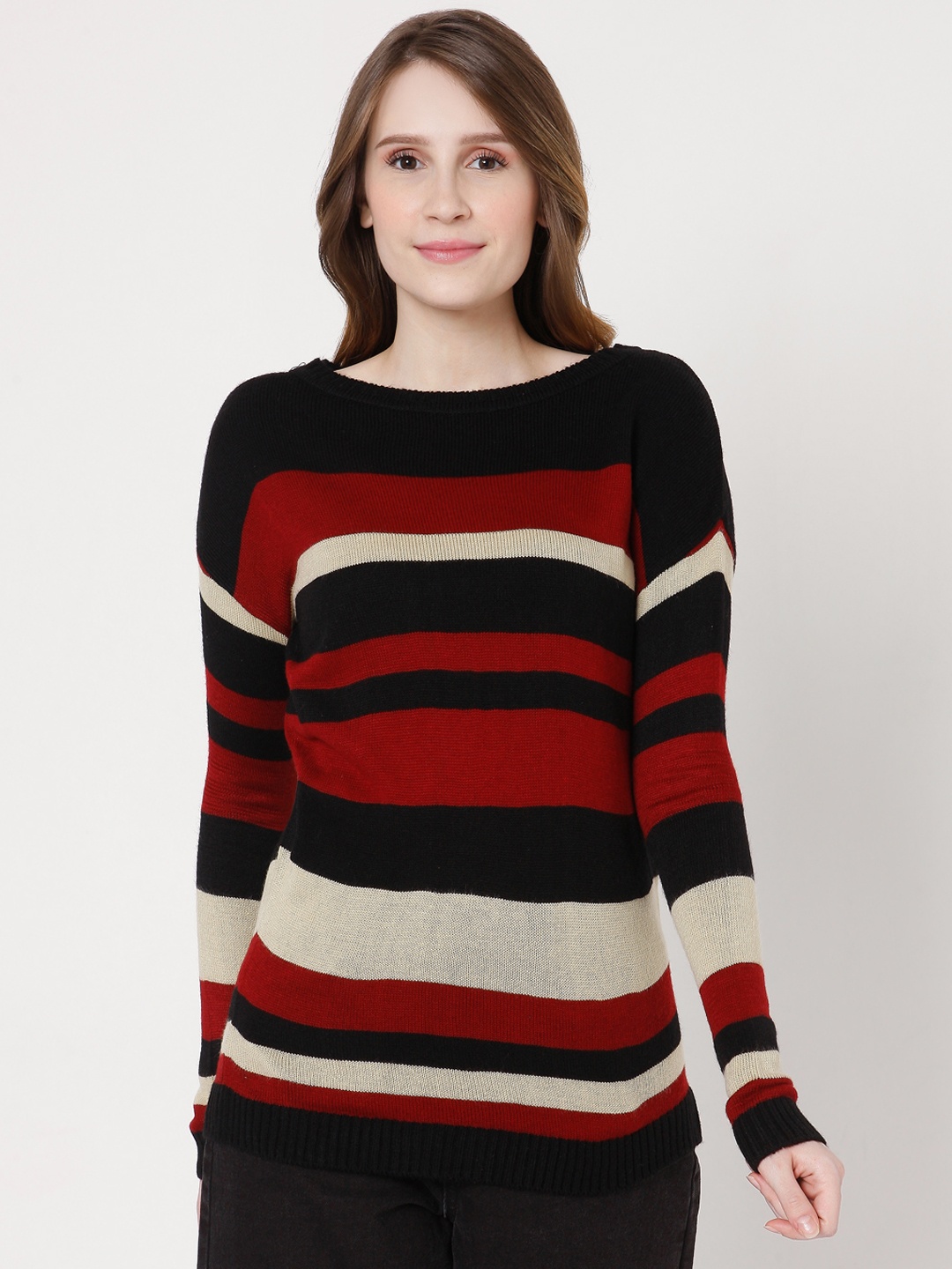 

Vero Moda Women Black & Maroon Striped Knitted Drop-Shoulder Pullover