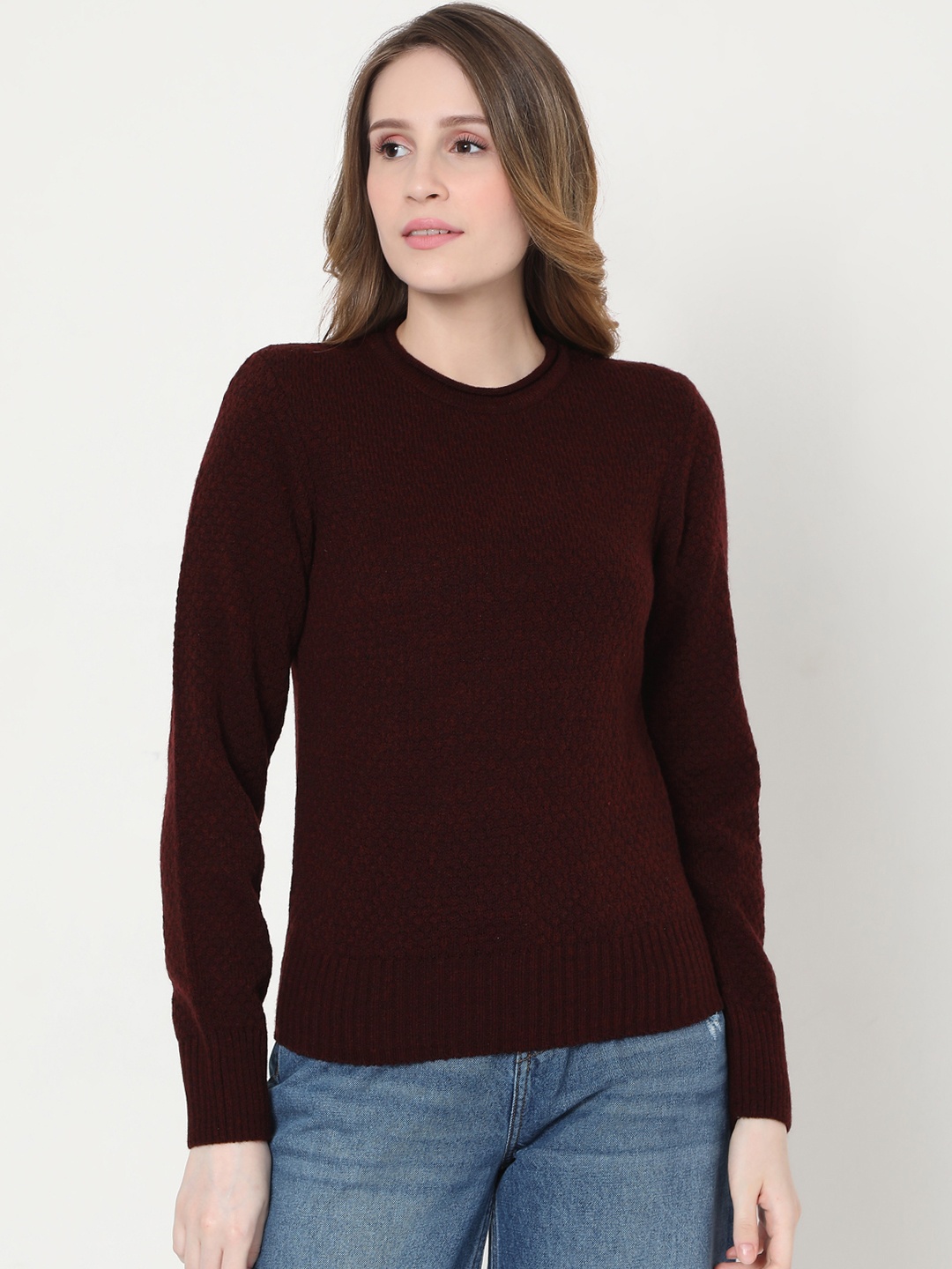 

Vero Moda Women Burgundy Self Design Pullover Sweater