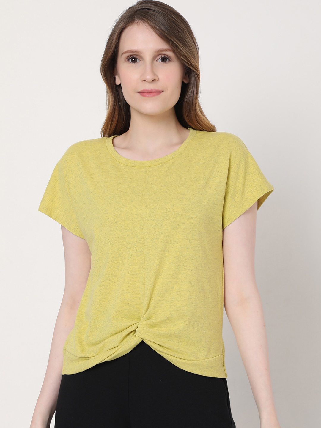 

Vero Moda Women Yellow Extended Sleeves Pure Cotton T-shirt
