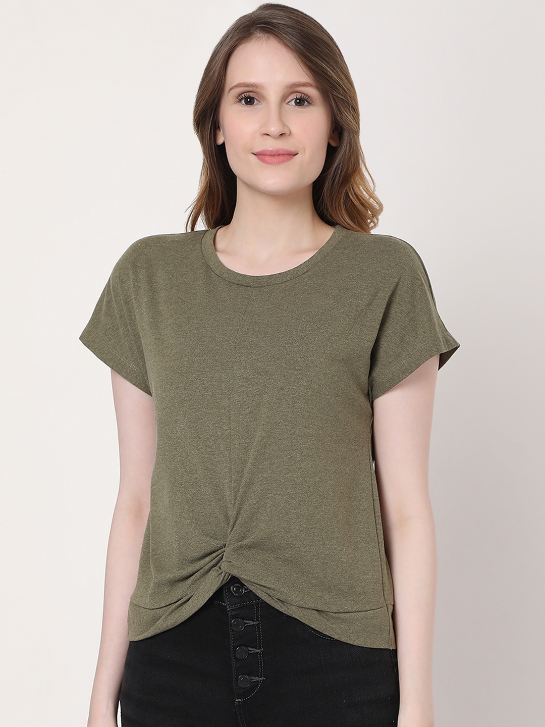 

Vero Moda Women Olive Green Extended Sleeves Pure Cotton T-shirt