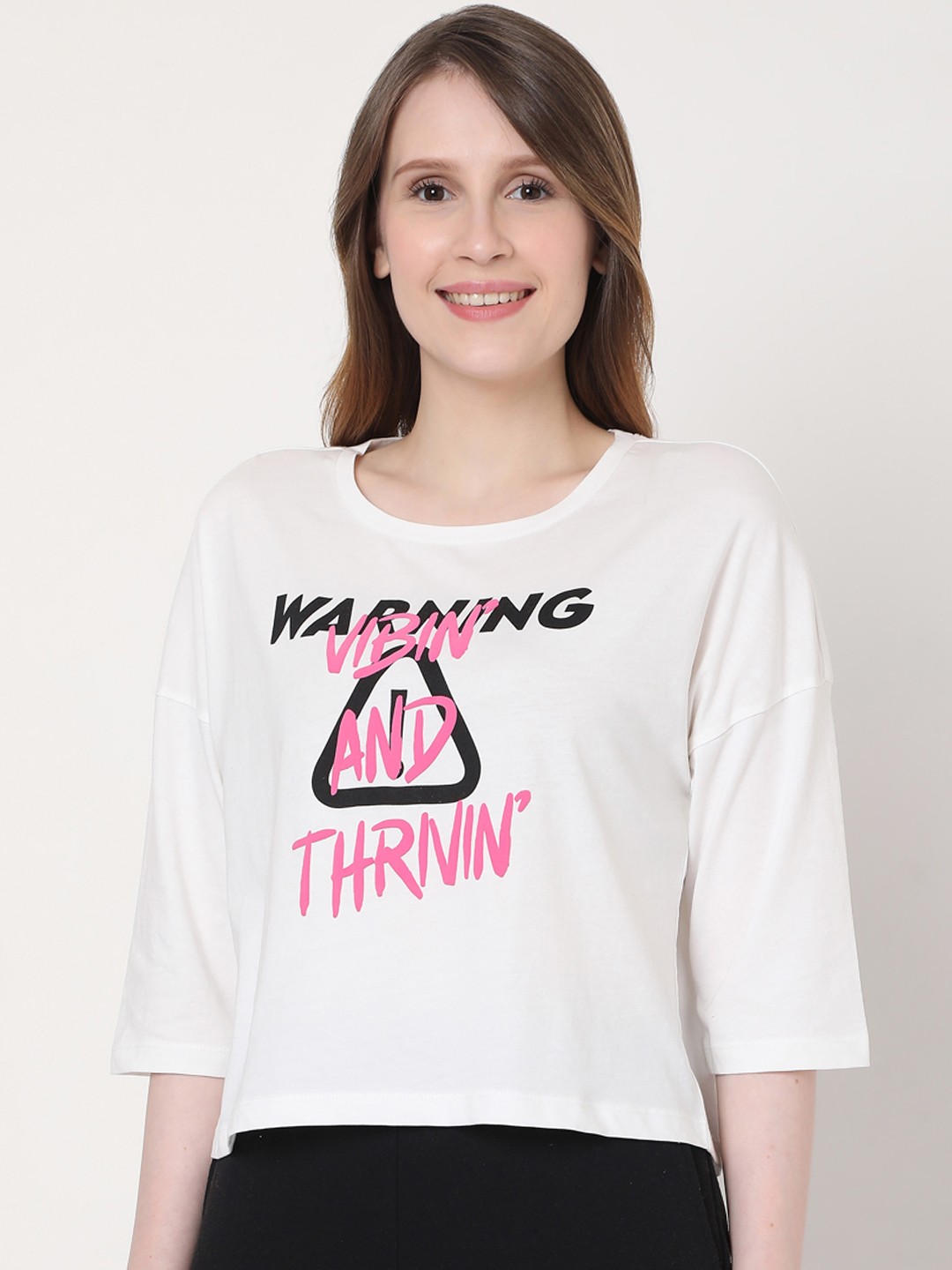 

Vero Moda Women White Black Printed Pure Cotton T-shirt