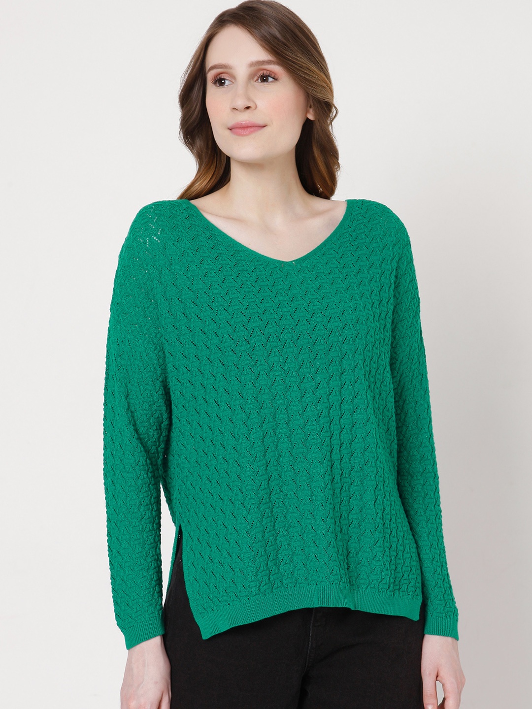 

Vero Moda Women Green Self Design Pullover Sweater