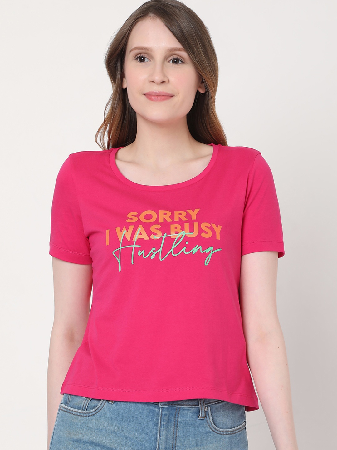 

Vero Moda Women Fuchsia Pink & Orange Printed T-shirt
