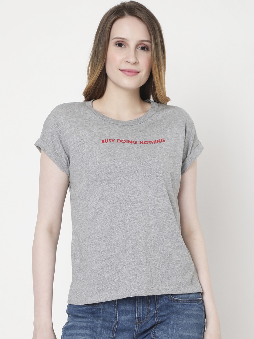 

Vero Moda Women Grey Typography Printed Extended Sleeves Pure Cotton T-shirt