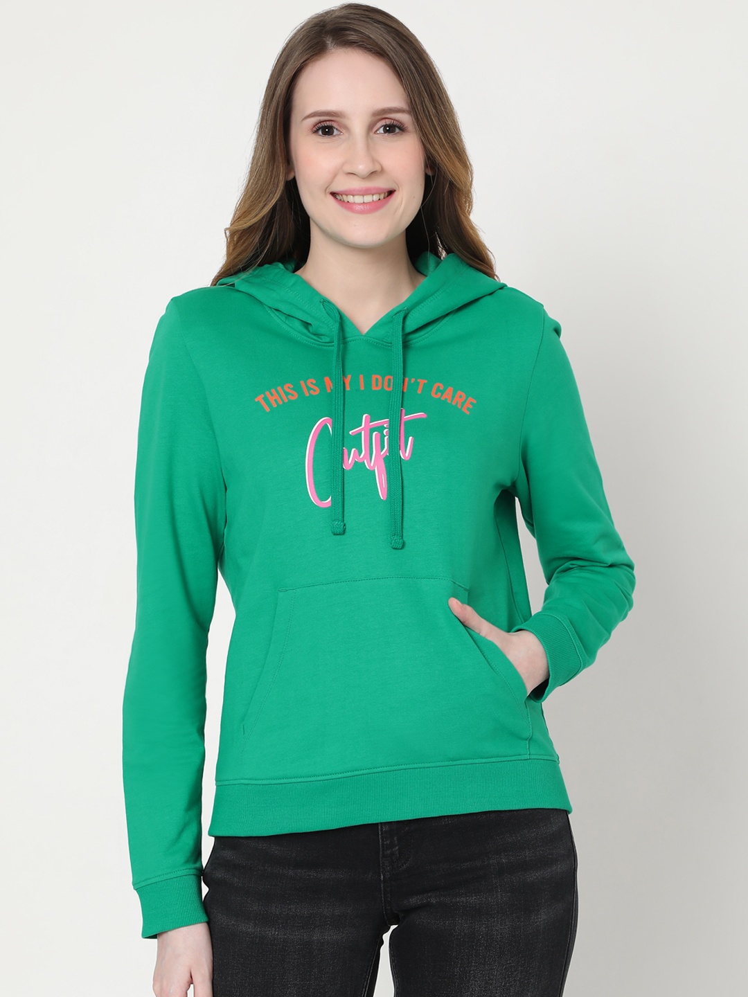 

Vero Moda Women Green Printed Pure Cotton Hooded Pullover Sweatshirt